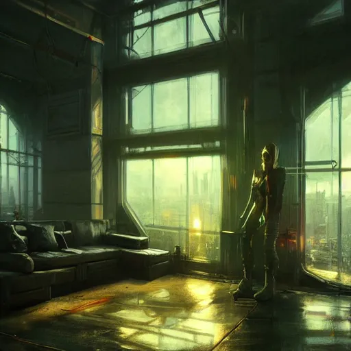 Prompt: cyberpunk living room interior, windows, light rays, buildings, dystoptian, gorgeous view, depth, painted by Seb McKinnon, clouds, tending on artstation