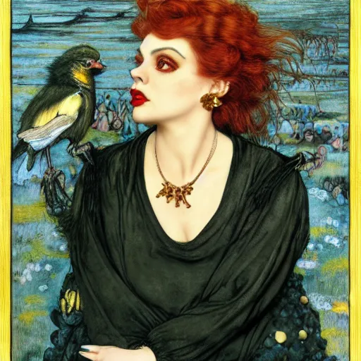 Image similar to hybrid of judy garland and lady gaga, brown fringe, large features, very large big downslanted eyes, large full lips, reclining on flowing bed cool stylish, yellow ochre ornate medieval dress, john william waterhouse, kilian eng, rosetti, john everett millais, william holman hunt, william morris, 4 k