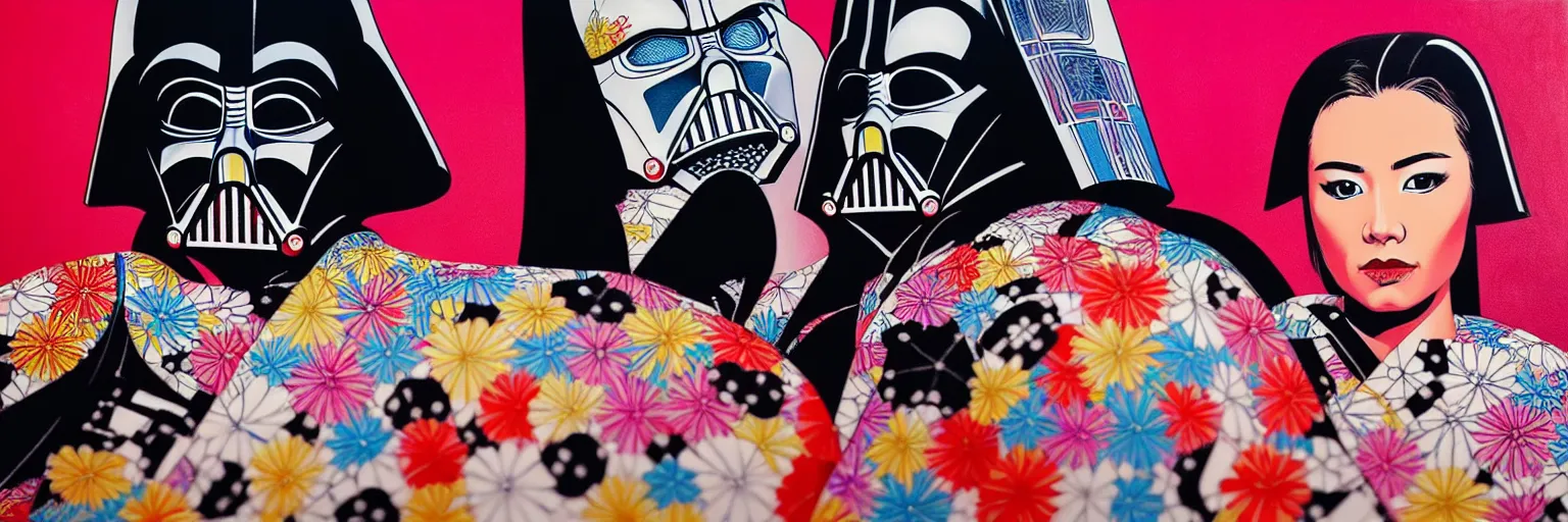 Image similar to hyperrealism composition of the detailed woman in a japanese kimono sitting at an extremely detailed poker table with darth vader, terminator, fireworks on the background, pop - art style, jacky tsai style, andy warhol style, acrylic on canvas