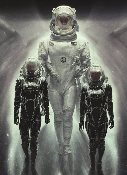 Image similar to astronauts in dark and empty void underwater - complex and hyperdetailed technical suit. reflection and dispersion materials. rays and dispersion of light. volumetric light. 5 0 mm, f / 3 2. noise film photo. flash photography. ultra realistic, wide angle. poster by wayne barlowe, hajime sorayama aaron horkey, craig mullins