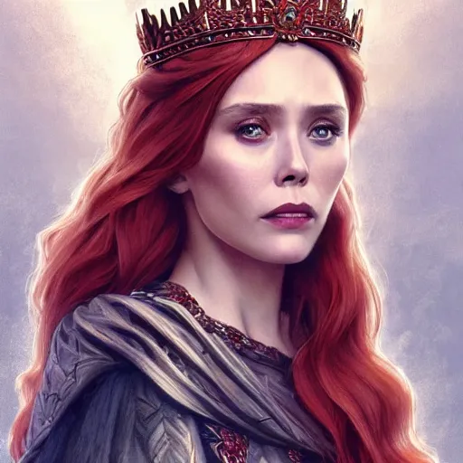 Prompt: Elizabeth Olsen with red hair and crown as Cersei Lannister,a song of ice and fire , fantasy, intricate, elegant, highly detailed, digital painting, artstation, concept art, matte, sharp focus, illustration, art by Artgerm and Greg Rutkowski and Alphonse Mucha