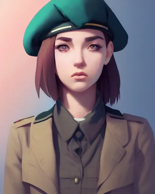 Image similar to symmetrical portrait bust of young woman with shoulder length light brown hair and hazel eyes dressed in a sharp dark teal military uniform and beret, blurred city background in twilight lighting, ilya kuvshinov, anime, greg rutkowski, guweiz, ross tran, artstation trending, artgerm, concept art, digital painting, painterly