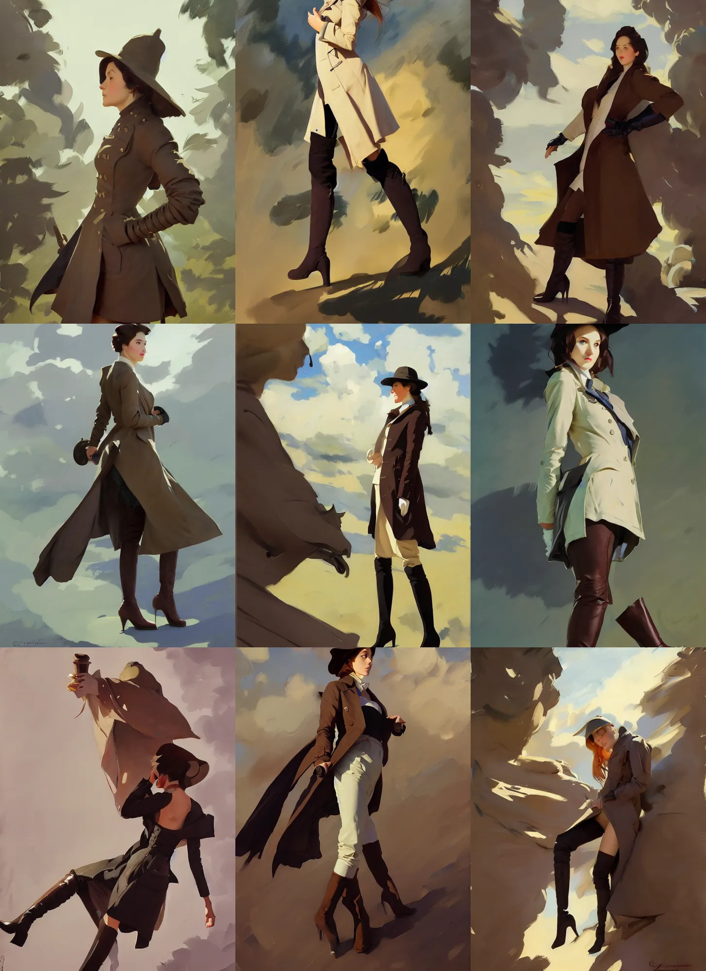 Prompt: cloth fabric jodhpurs knee high boots travel coat fashion, greg manchess painting by sargent and leyendecker, studio ghibli, fantasy, medium shot, asymmetrical, intricate, elegant, matte painting, illustration, hearthstone, by greg rutkowski, by greg tocchini, by james gilleard, by joe fenton