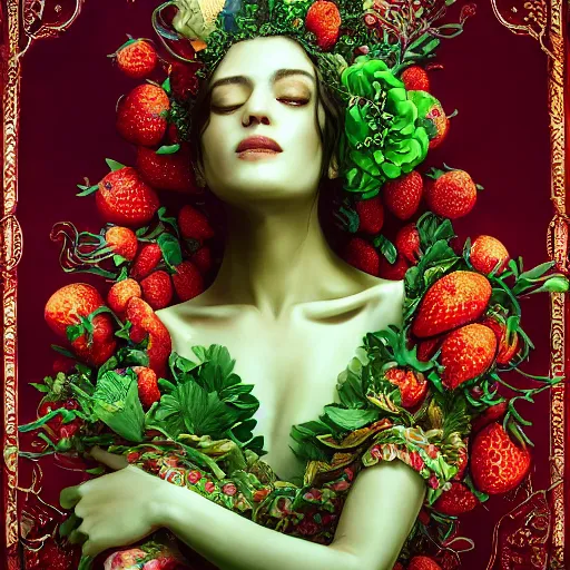 Image similar to the portrait of an absurdly beautiful, graceful, elegant, sophisticated, chaste woman made of strawberries and green petals looking up, an ultrafine hyperdetailed illustration by kim jung gi, irakli nadar, intricate linework, bright colors, octopath traveler, final fantasy, unreal engine 5 highly rendered, global illumination, radiant light, detailed and intricate environment