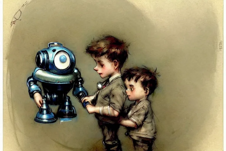 Image similar to (((((1950s boy and his small pet robot . muted colors.))))) by Jean-Baptiste Monge !!!!!!!!!!!!!!!!!!!!!!!!!!!