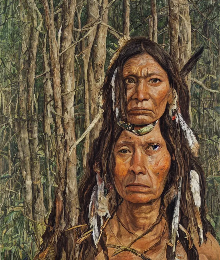 Image similar to indigenous woman warrior in the forest, painted by lucian freud, hd, super detailed, realistic, muted colors