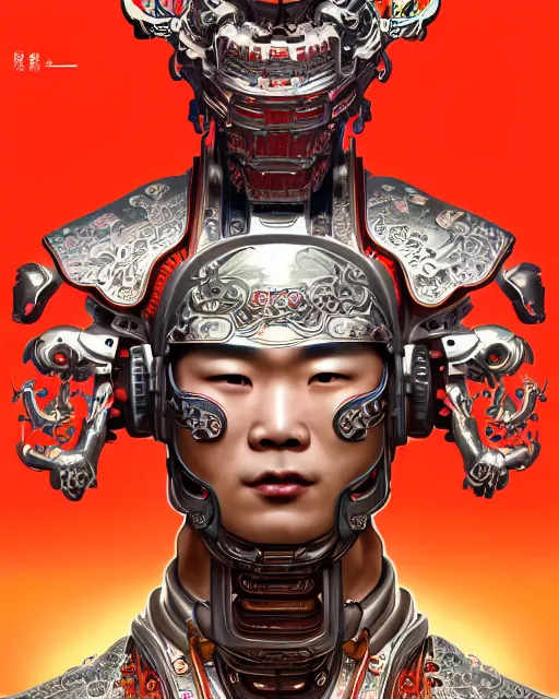 Image similar to portrait of a chinese masculine male cyberpunk machine, machine face, upper half portrait, decorated with chinese opera motifs, muscular arms, asian, fine china, wuxia, traditional chinese art, intricate, elegant, highly detailed symmetry headpiece digital painting artstation concept art smooth sharp focus illustration, art by artgerm and greg rutkowski alphonse mucha 8 k