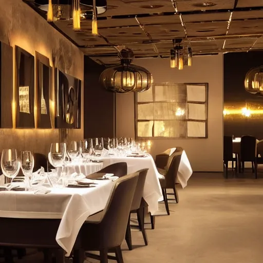 Prompt: kuka industrial robot arms having dinner inside a fine dining restaurant with global illumination