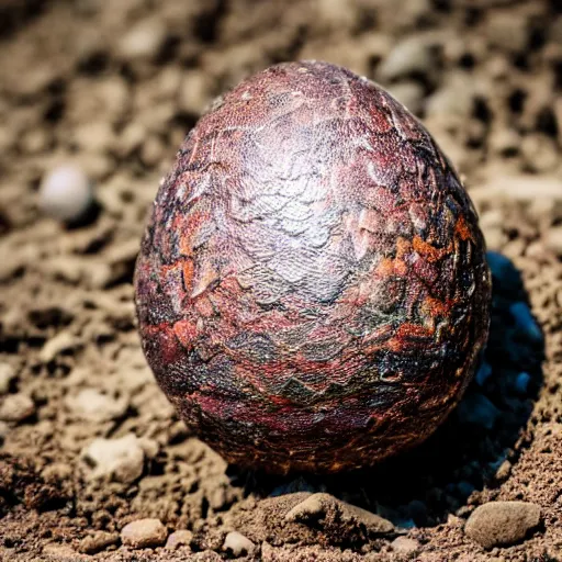 Prompt: hyper-realistic photo of a mystial dragon egg sitting in the dirt, clos up shot, 8K