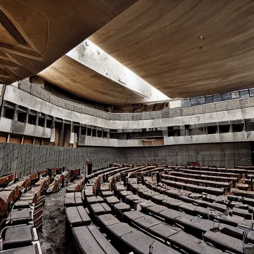 Image similar to interior of the israeli parliament in ruins, post - apocalyptic, high quality, concept art