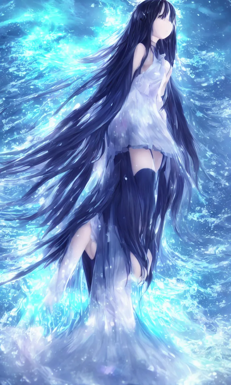 Prompt: advanced digital art, a very cute anime girl wearing a dress made of water standing in a crystal lake turning into mist , full body, very long black hair, azure blue watery eyes, full round face, cinematic lighting, MCU, mid-shot, highly detailed, trending on pixiv, Unreal Engine 4k, depth of field, Artgerm, WLOP, Rossdraws, James Jean, Andrei Riabovitchev, Marc Simonetti, and Sakimichan
