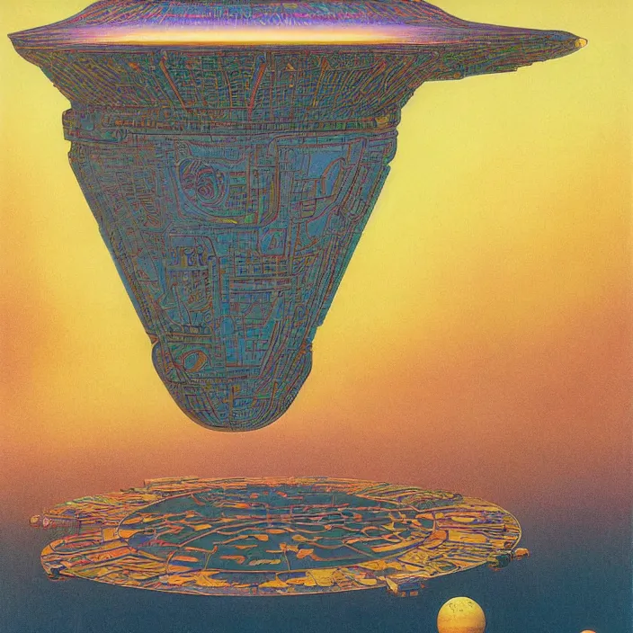 Prompt: chinese kowloon spacecraft, science fiction, extremely detailed, pastel colors, intricate, hard light, flat, illustration, volumetric lighting, digital painting, by roger dean, by alex grey, by bruce pennington