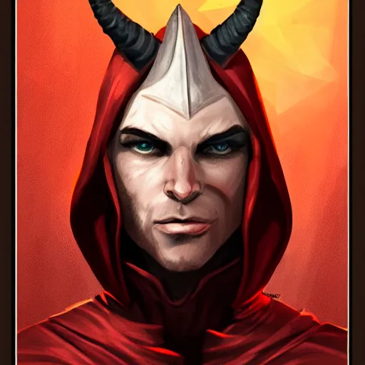 Prompt: rogue d & d thief, white male with horns and red stubble, hood, dagger, artstation, greg rutowski