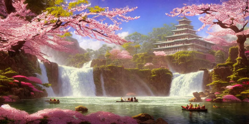 Prompt: a beautiful rendering of an art deco Shangri-la brownstone temple on a platform that extends over a great waterfall, Sakura cherry blossoms , by Albert bierstadt and jonas de ro and studio ghibli, trending on artstation-H 576