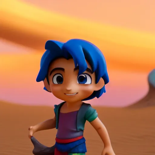 Image similar to profile view of young aladdin as nendoroid walking in a desert in the croods movie style, anime, disney, pixar, 8 k, hd, dof, kodak film, volumetric lighting, subsurface scattering, photorealistic, octane render, details