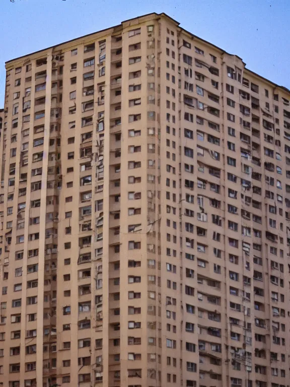 Image similar to soviet panel apartment building photo, extreme wide shot, golden hour, kodak gold 2 0 0, side - view