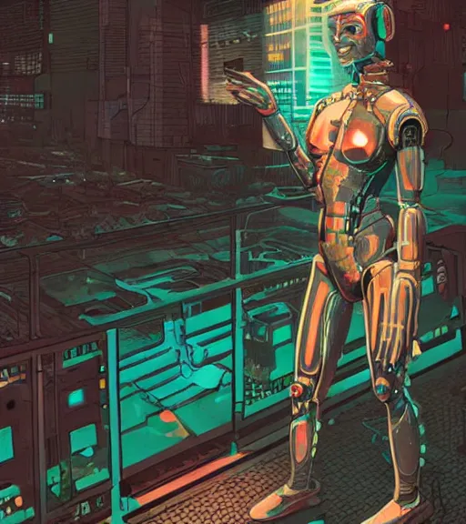 Image similar to robot woman with a hologram for a head, at a cyberpunk market, techwear, dead space, visible face, Industrial Scifi, detailed illustration, character portrait, by Martin Grip and Moebius