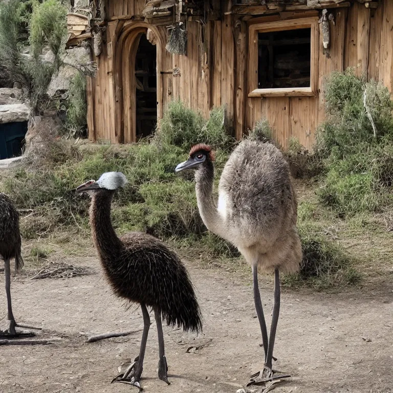 Image similar to an emu in the middle of a hobbit tavern