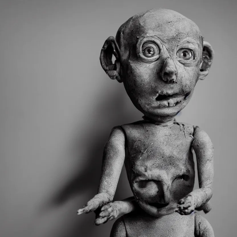 Image similar to creepy ventriloqiest dummy in the style of Roger Ballen, 4k, bw, portrait