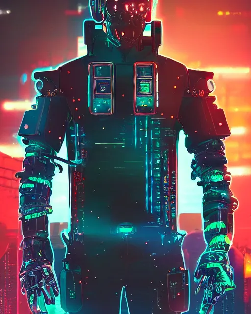 Image similar to photo of lieutenant columbo as a cyborg, advanced technology, cyberpunk background, neon lights, scifi, moody, atmosphere, professionally color graded, sharp focus, 8 k high definition, insanely detailed, intricate
