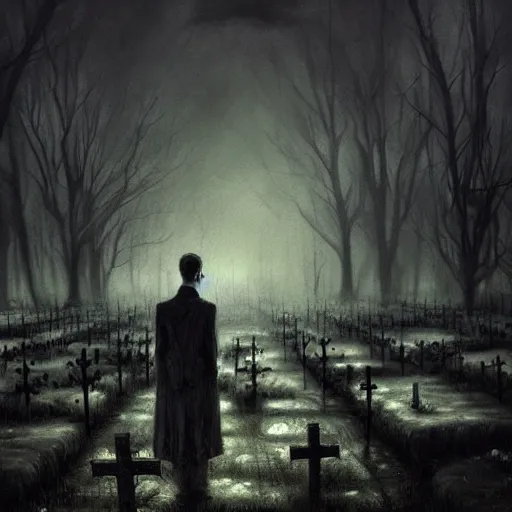 Prompt: a painting of a man standing in a graveyard, an ultrafine detailed painting by seb mckinnon, featured on cgsociety, gothic art, darksynth, dark and mysterious, ominous vibe