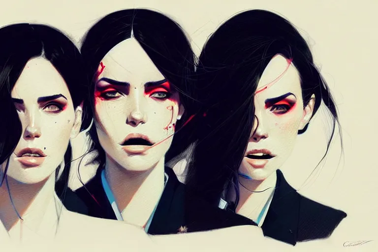 Image similar to a ultradetailed portrait painting of three women in black suits, by conrad roset, greg rutkowski and makoto shinkai trending on artstation