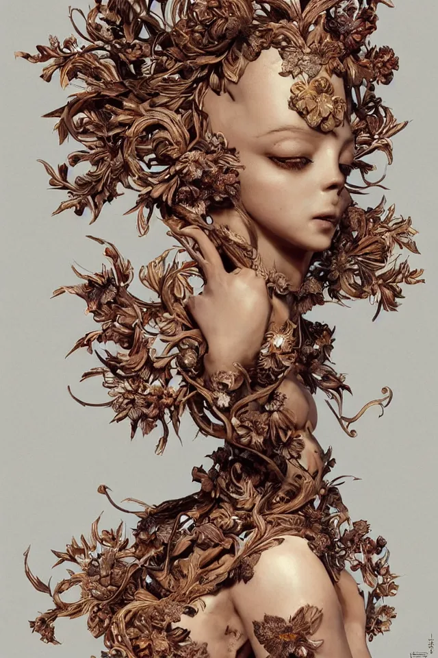 Image similar to a sculpture made of wood and flower, portrait, queen, future, fairy, harper's bazaar, vogue, magazine, insanely detailed and intricate, concept art, ornate, luxury, elite, elegant, trending on artstation, by Ruan Jia, Kenneth Willardt, Ross Tran, WLOP, Andrei Riabovitchev.