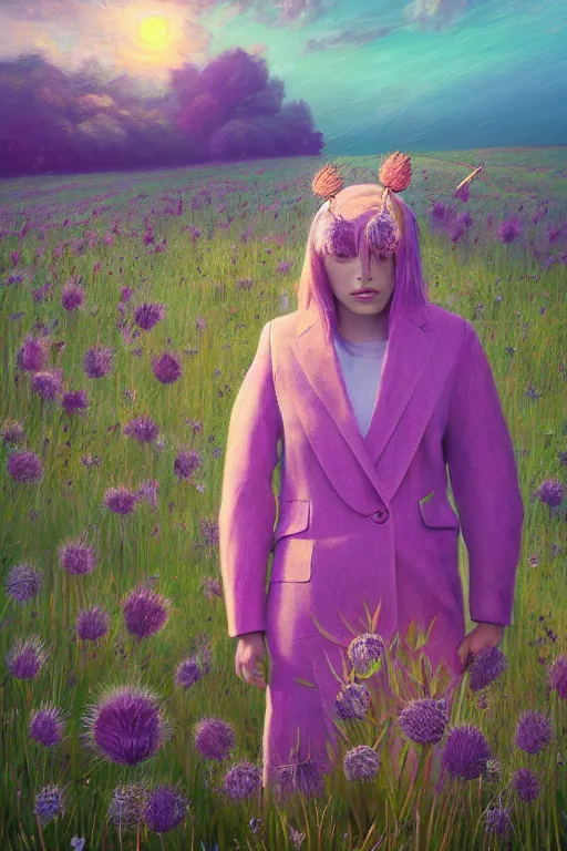 Image similar to portrait, enormous thistle flower under head, a girl in a suit in field of flowers, surreal photography, sunrise, blue sky, dramatic light, impressionist painting, digital painting, artstation, simon stalenhag