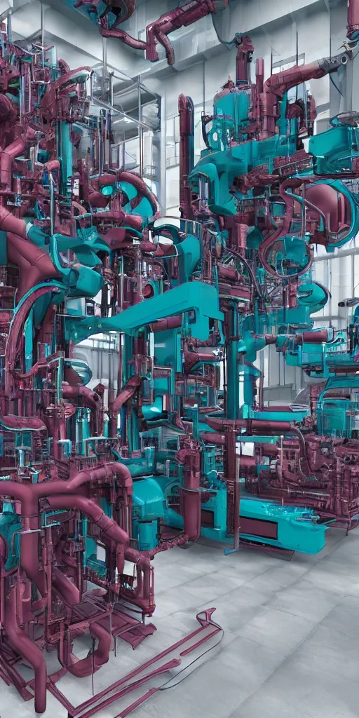 Prompt: an industrial Machine that turnes water into wine, highly detailed complex machinery, electrical engineering, mechanical engineering, machines, intrinsic details. photorealistic illustration. octane render 4k. dark teal and magenta