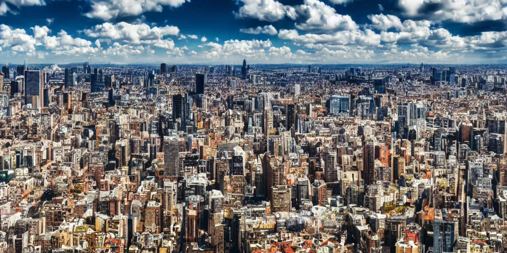 Image similar to large city, wide shot, sunny day, clouds, beautiful, national geographic, professional photography, detailed buildings, 4k, DSLR, HDR,