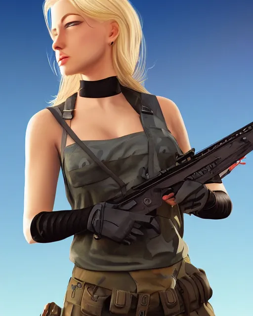 Image similar to side closeup of beautiful blonde female with blue eyes aiming l 9 6 a 1 rifle at target, award winning photography, extremely detailed, artstation, 8 k, sensual lighting, incredible art, wlop, pixar, disney, artgerm, backlit, rim lighting, hi - fructose, cellshading, intricate lineart