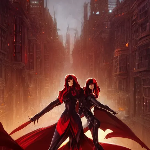 Prompt: a pair of twins, male and female, arrogant, fantasy, wide shot, urban background, highly detailed, digital painting, artstation, concept art, sharp focus, comic book, art by artgerm and greg rutkowski and magali villeneuve, red black and gold color scheme