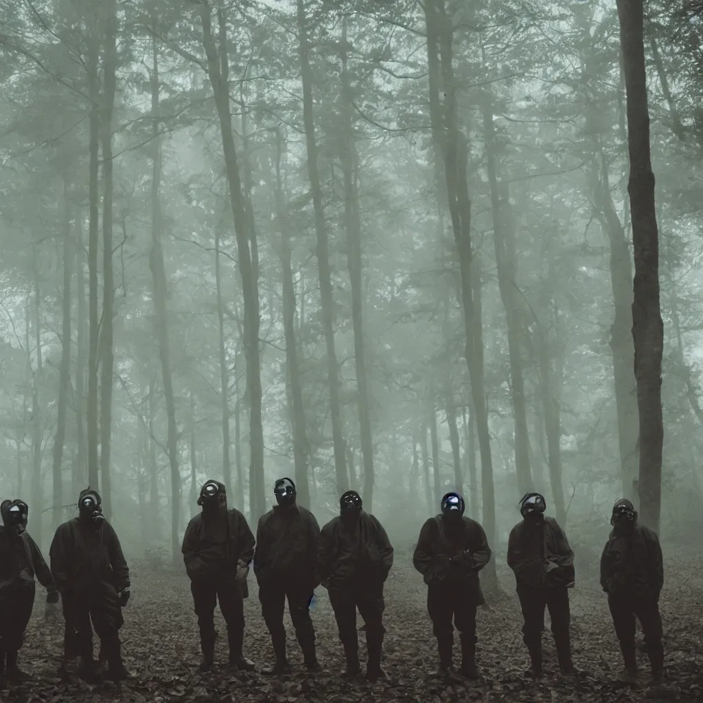 Prompt: high realistic photo portrait group of men with gas masks in a foggy forest, cinestill 800t 35mm, heavy grain, high quality