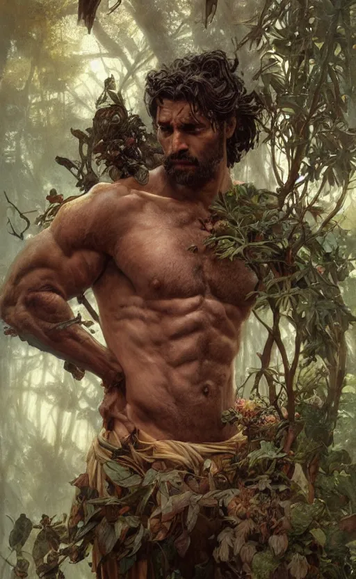 Image similar to god of the forest, 3 0 years old, rugged, handsome, male, detailed face, clean lines, atmospheric lighting, amazing, full body, thighs, flowers, muscular, intricate, highly detailed, digital painting, deviantart, concept art, sharp focus, illustration, art by greg rutkowski and alphonse mucha