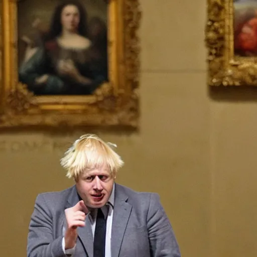 Prompt: Boris Johnson angrily throws tomatoes at paintings in the louvre