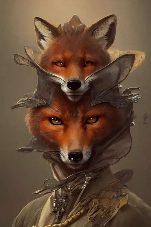 Prompt: heroic character design of anthropomorphic whimsical fox, portrait, western, steampunk, clint eastwood facial expression, duster, fantasy, intricate, elegant, highly detailed, digital painting, artstation, concept art, sharp focus, illustration, art by artgerm and greg rutkowski and alphonse mucha