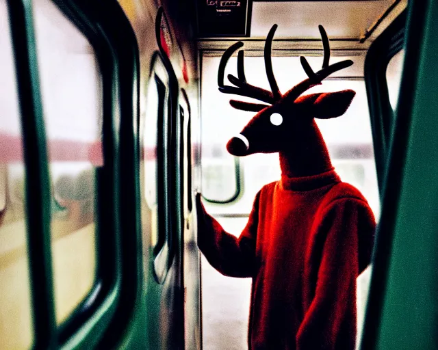 Image similar to a lomography photo of rumble between two humanoid deer in soviet train this morning, bokeh,