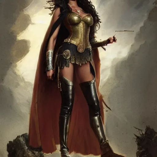 Image similar to highly detailed steampunk gal gadot standing, cape : leonardo da vinci, greg rutkowski, magali villeneuve