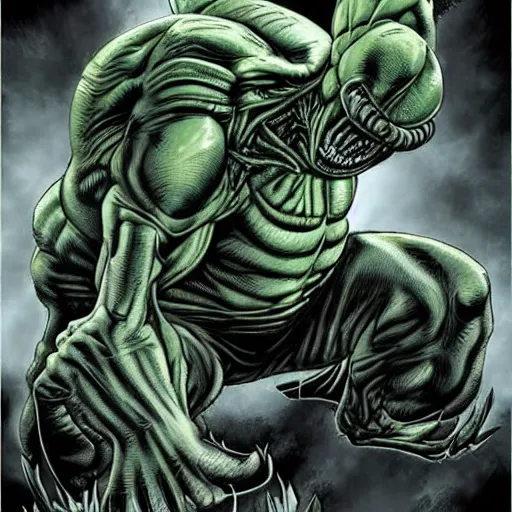 Prompt: hulk as a xenomorph in the style of h r giger