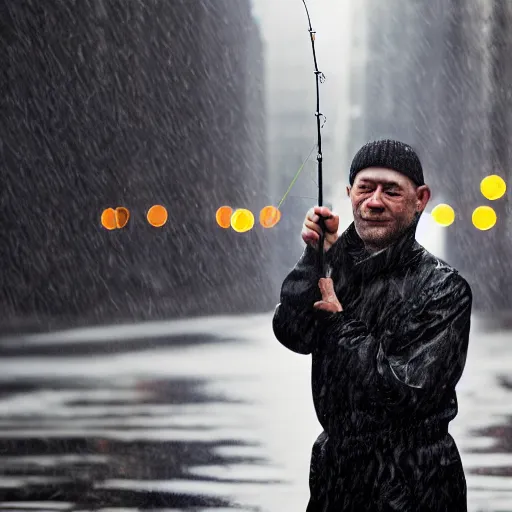 Prompt: closeup portrait of a man fishing in a rainy new york street, photography, studio light