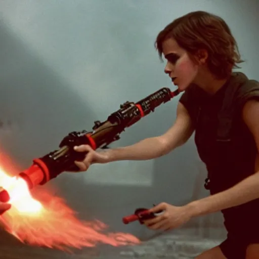 Image similar to film still of Emma Watson holding a flamethrower in Alien 1979, 4k