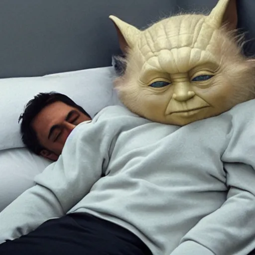 Image similar to putin sleeping in bed next to yoda