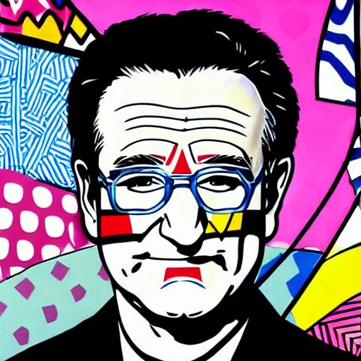 Prompt: portrait of robin williams by romero britto and haruki murakami : 1 high contrast, hard edges, matte painting, geometric shapes, masterpiece : 1