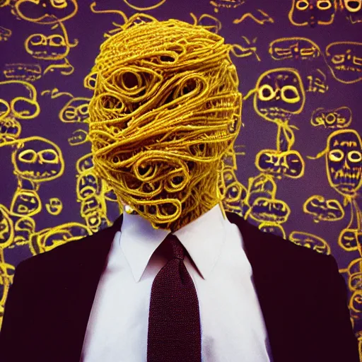 Image similar to sharp portrait of a man in a suit with a face made of spaghetti standing in los angeles with blured zombies on a background, bokeh, detailed, film photography, kodak portra 4 0 0, mamiya,