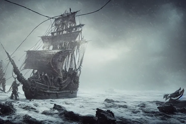 Image similar to a pirate ship with elaborate design driven by skeletons in the middle of a snowstorm, dark souls inspired, elden ring inspired, octane render, rtx, unreal engine 5, digital painting, trending on artstation, highly detailed, epic composition, 8 k uhd