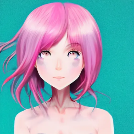 Prompt: of a full body 2 d girl with 3 d oil pink hair realistic eyes with minimal features