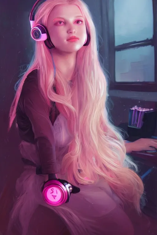 Image similar to gamer girl with blonde hair and dark eyes playing on her computer, portrait shot, face lit up by the monitor, pink gaming headset, dark atmosphere, dynamic lighting, intricate and very very beautiful, highly detailed, digital painting, artstation, concept art, smooth and sharp focus, illustration, art by tian zi and wlop and alphonse mucha