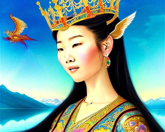 Image similar to portrait of a beautiful asian mongolian princess goddess spreading its wings, portrait of princess wearing a beautiful ornate crown, in the background lake baikal is seen, in the art style of bagshaw tom artgerm and bowater, charlie, by bagshaw tom, artgerm and bowater, charlie - - height 6 4 0