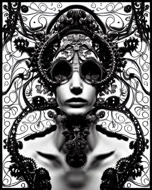 Image similar to surreal black and white photo portrait of complex bio-mechanical beautiful young female vegetal-cyborg with a Mandelbrot fractal steampunk metal fine lace face, curled silver hair and a fine metal floral foliage super big lace collar by Alexander McQueen:: high fashion, haute couture, rococo, steampunk, silver filigree details, anatomical, facial muscles, cable wires, microchip, elegant, hyper realistic, 150 mm lens, soft rim light, octane render, unreal engine, picture was taken in 1910, volumetric lighting, 8k,