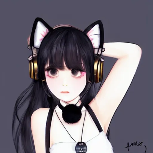 Image similar to realistic beautiful gorgeous natural cute Blackpink Lalisa Manoban black hair fur black cat ears, wearing white camisole summer outfit, headphones, black leather choker artwork drawn full HD 4K highest quality in artstyle by professional artists WLOP, Aztodio, Taejune Kim, Guweiz on Pixiv Instagram Artstation